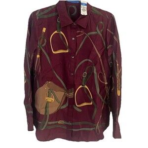 J.McLaughlin Equestrian Print Burgundy Silk Blend Blouse NWT $248 Size XS